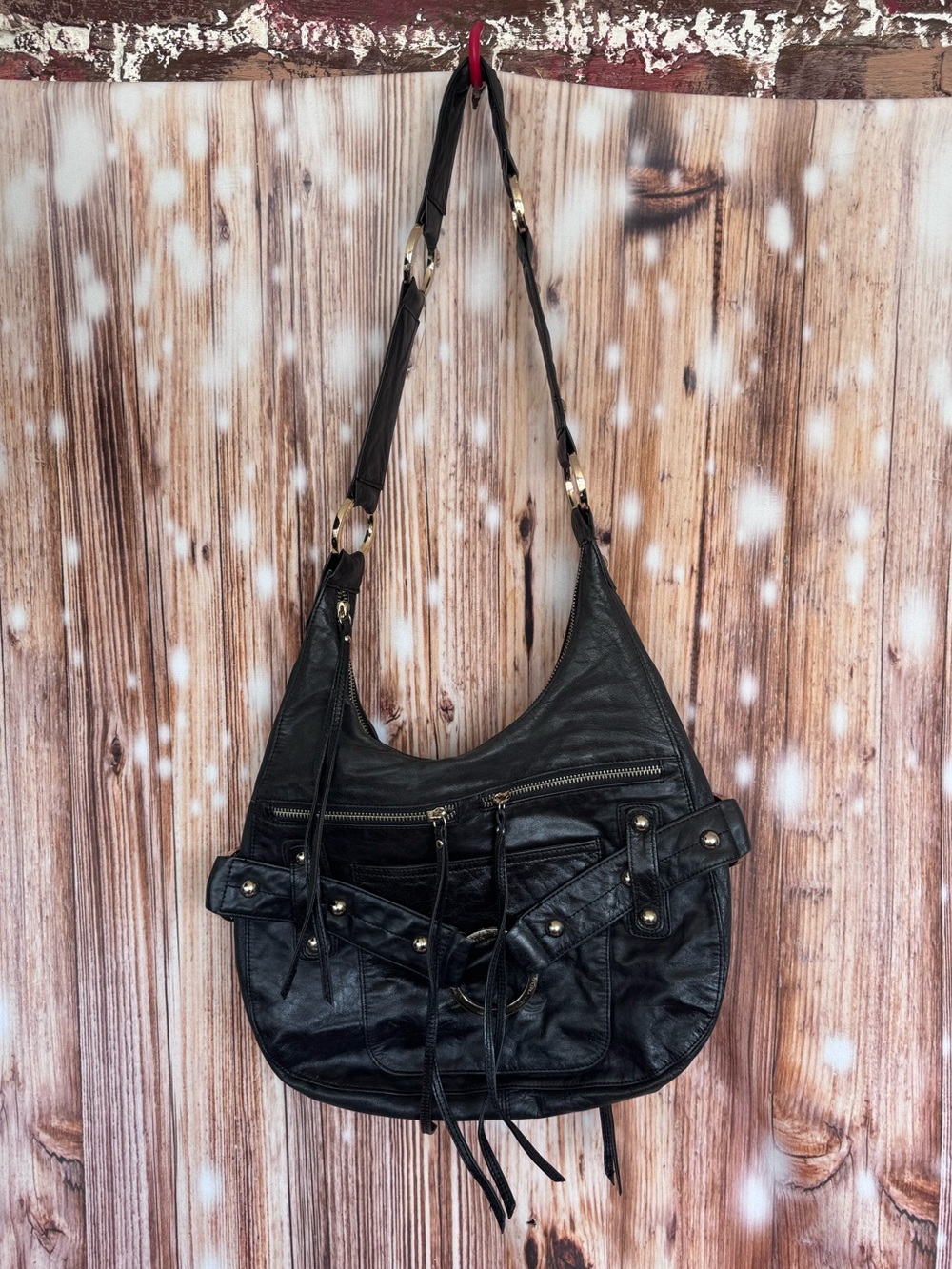 Junior Drake Black Leather Hobo Shoulder Bag